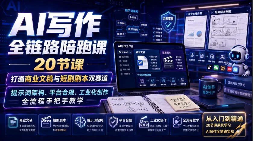 AI写作全链路陪跑课|20节课打通商业文稿与短剧剧本双赛道,提示词架构、平台合规、工业化创作全流程手把手教学-副业吧