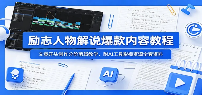 励志人物解说爆款内容教程:文案开头创作分阶剪辑教学,附AI 工具影视资源全套资料-副业吧