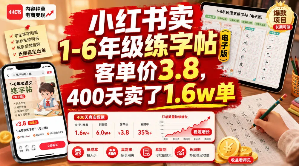 小红书卖1-6年级练字帖（电子版），客单价3.8，400天卖了1.6w单-副业吧