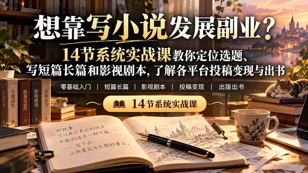 【无水印】想靠写小说发展副业？14节系统实战课教你定位选题、写短篇长篇和影视剧本，了解各平台投稿变现与出书-副业吧