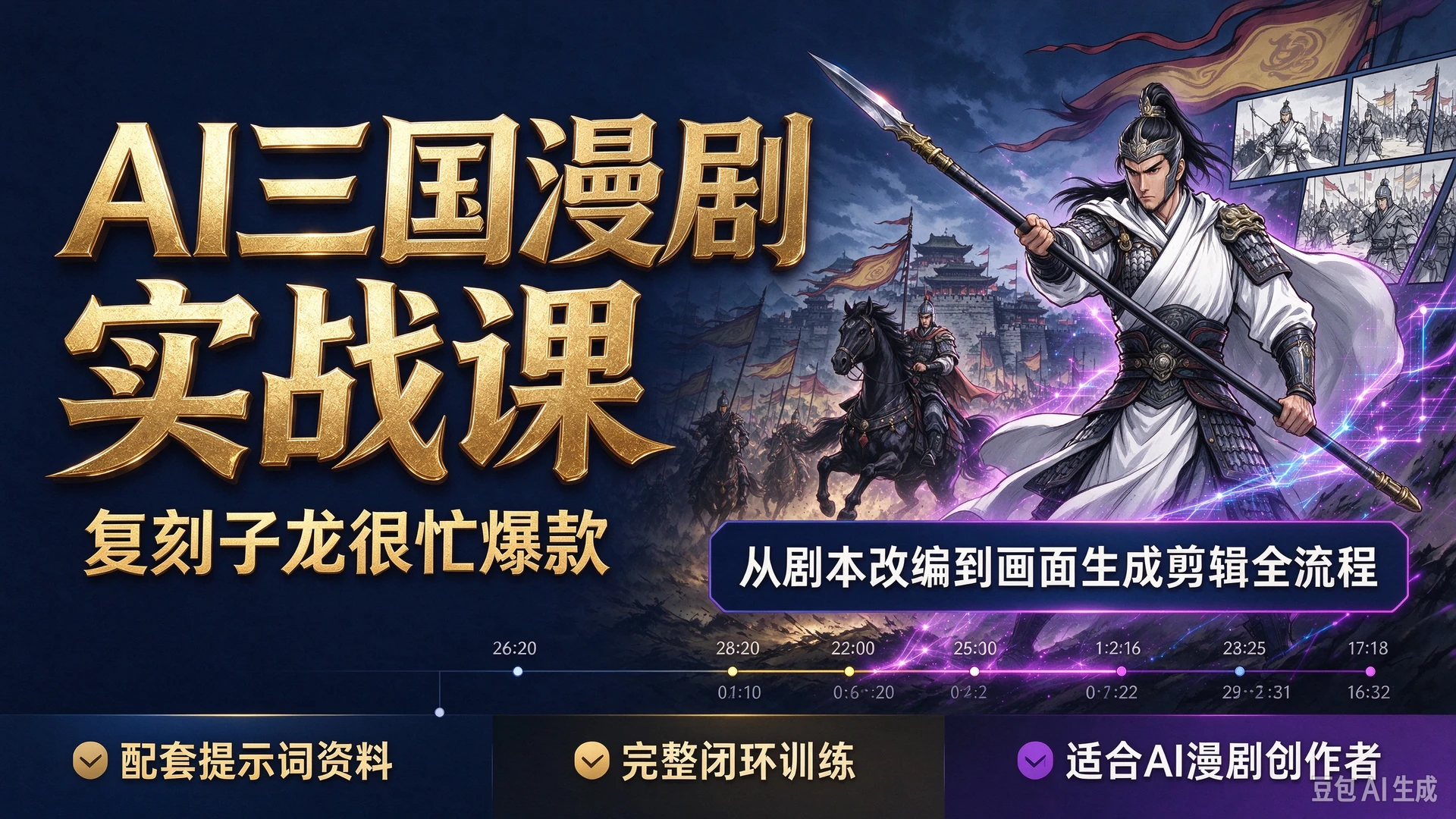 【精】AI三国漫剧实战课复刻子龙很忙爆款，带你掌握漫剧从剧本改编到画面生成剪辑全流程，拿到配套提示词资料，适合想要制作AI漫剧创作者的完整闭环-副业吧