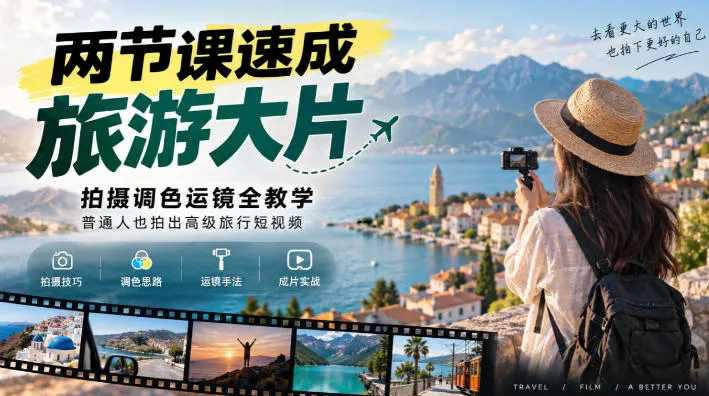 两节课速成旅游大片|拍摄调色运镜全教学,普通人也拍出高级旅行短视频-副业吧