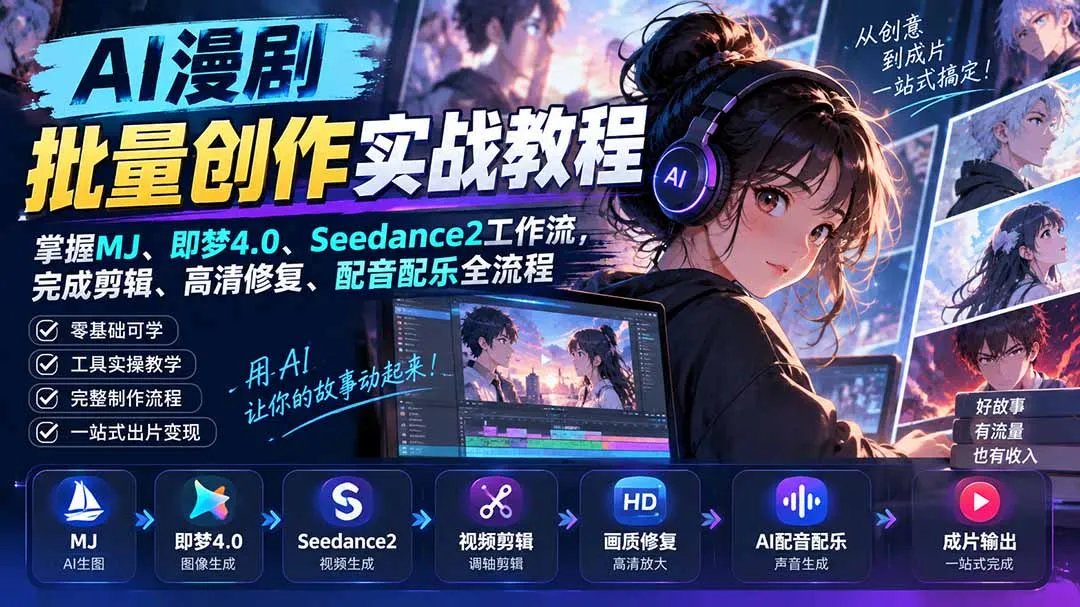 AI漫剧批量创作实战教程：掌握MJ、即梦4.0、Seedance2工作流，完成剪辑、高清修复、配音配乐全流程-副业吧