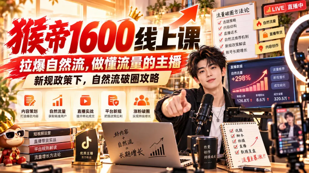 猴帝1600线上课,拉爆自然流,做懂流量的主播,新规政策下,自然流破圈攻略【更新261002】-副业吧