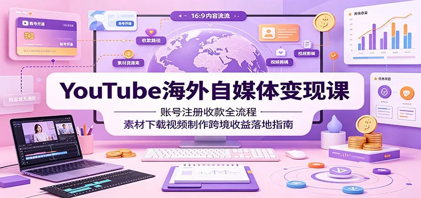 YouTube海外自媒体变现课:账号注册收款全流程,素材下载视频制作跨境收益落地指南-副业吧