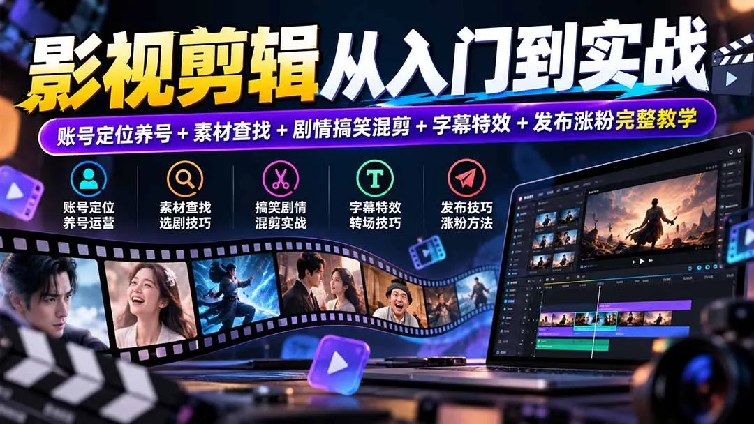 影视剪辑从入门到实战:账号定位养号+素材查找+剧情搞笑混剪+字幕特效+发布涨粉完整教学-副业吧
