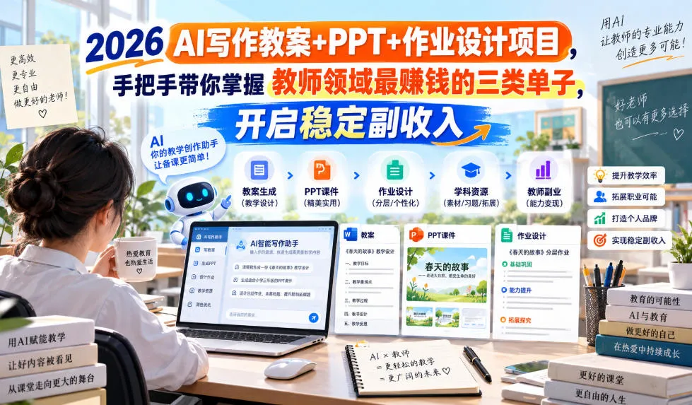 2026 AI写作教案+PPT+作业设计项目，手把手带你掌握教师领域最賺钱的三类单子，开启稳定副收入-副业吧
