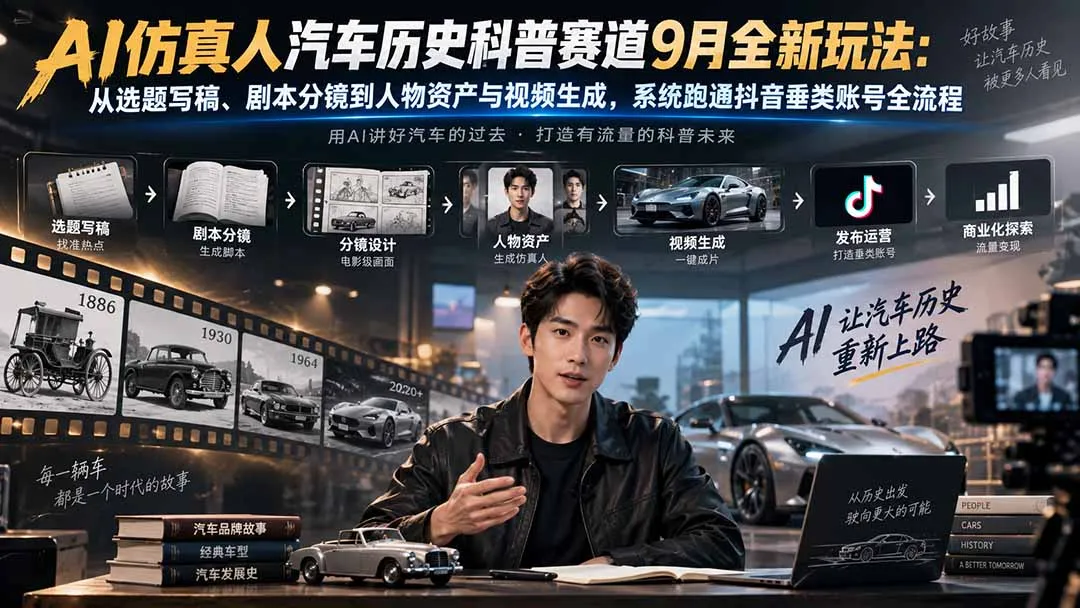 AI仿真人汽车历史科普赛道9月全新玩法:从选题写稿、剧本分镜到人物资产与视频生成,系统跑通抖音垂类账号全流程-副业吧