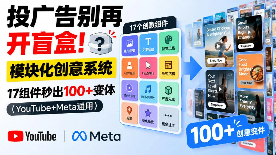 投广告别再开盲盒!模块化创意系统,17组件秒出100+变体(YouTube+Meta通用)【原创双语字幕】-副业吧