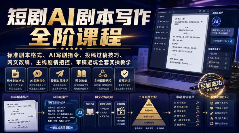 短剧AI剧本写作全阶课程｜标准剧本格式、AI写剧指令、投稿过稿技巧、网文改编、主线剧情把控、审稿避坑全套实操教学-副业吧