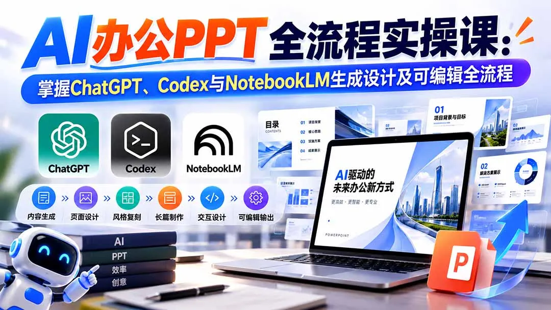 【无水印】AI办公PPT全流程实操课： 掌握ChatGPT、Codex与NotebookLM生成设计及可编辑全流程-副业吧