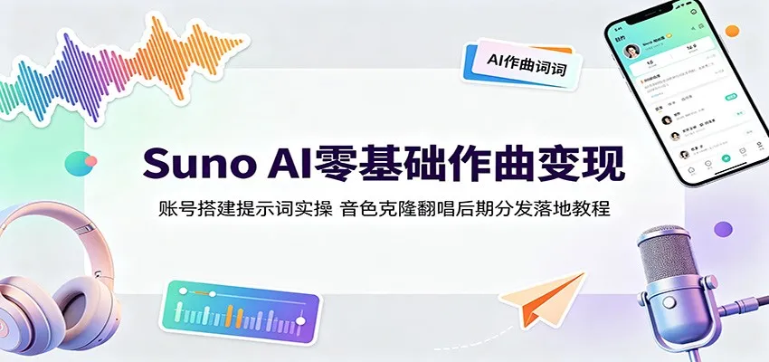 Suno AI零基础作曲变现:账号搭建提示词实操,音色克隆翻唱后期分发落地教程-副业吧