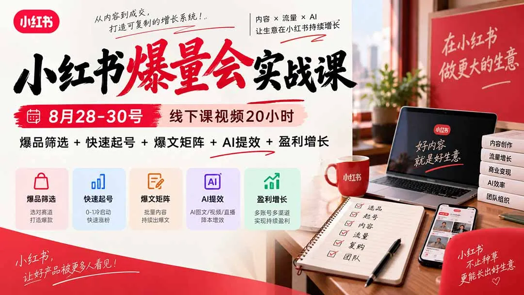 小红书爆量会实战课-更新9月23：线下课视频20小时，爆品筛选+快速起号+爆文矩阵+AI提效+盈利增长-副业吧