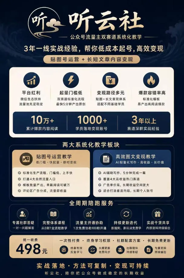 听云社公众号流量主双赛道系统化教学，3年一线实战经验，帮你低成本起号，高效变现，贴图号运营+长短文章内容变现-副业吧