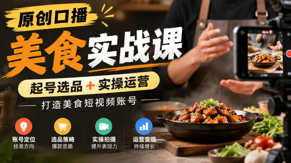 原创口播美食实战课,起号选品+实操运营,打造美食短视频账号-副业吧
