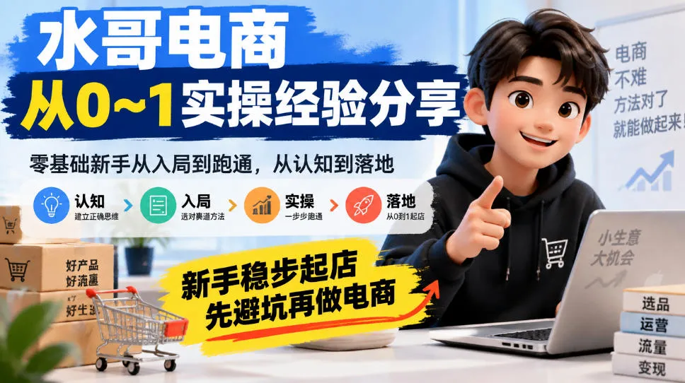水哥电商从0~1实操经验分享,零基础新手从入局到跑通,从认知到落地,新手稳步起店,先避坑再做电商-副业吧