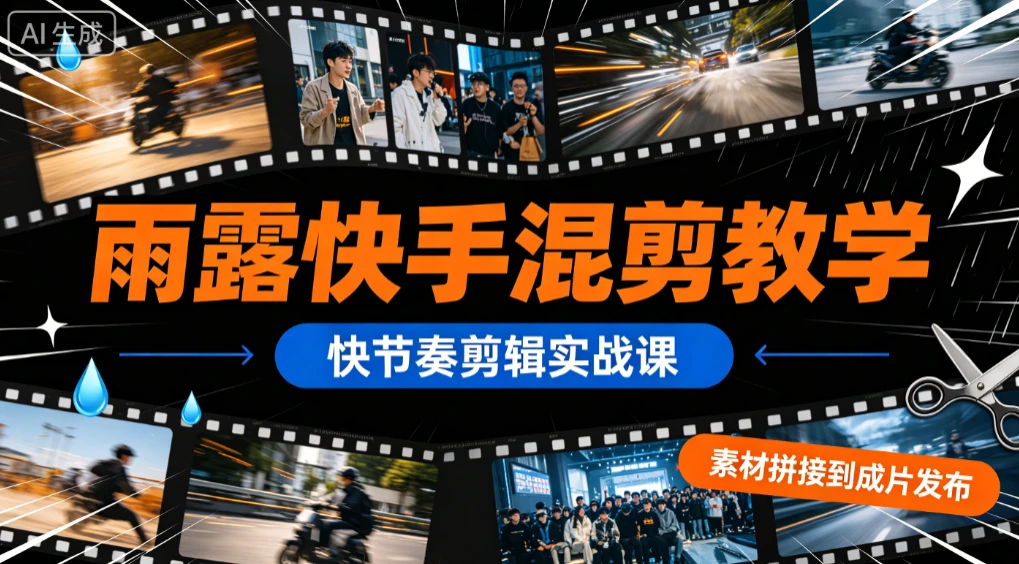 【精】雨露快手混剪教学,快节奏剪辑实战课,素材拼接到成片发布-副业吧