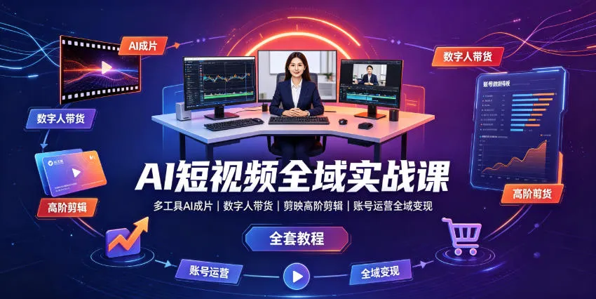 AI短视频全域实战课|多工具AI成片、数字人带货、剪映高阶剪辑、账号运营全域变现全套教程-副业吧