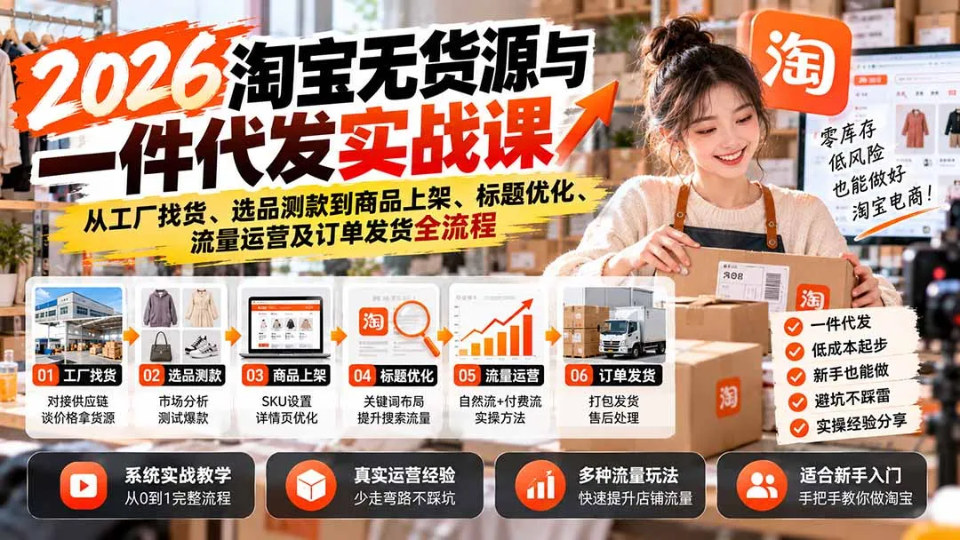 2026淘宝无货源与一件代发实战课:从工厂找货、选品测款到商品上架、标题优化、流量运营及订单发货全流程-副业吧