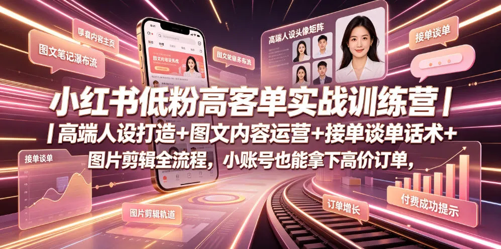 小红书低粉高客单实战训练营｜高端人设打造+图文内容运营+接单谈单话术+图片剪辑全流程，小账号也能拿下高价订单-副业吧