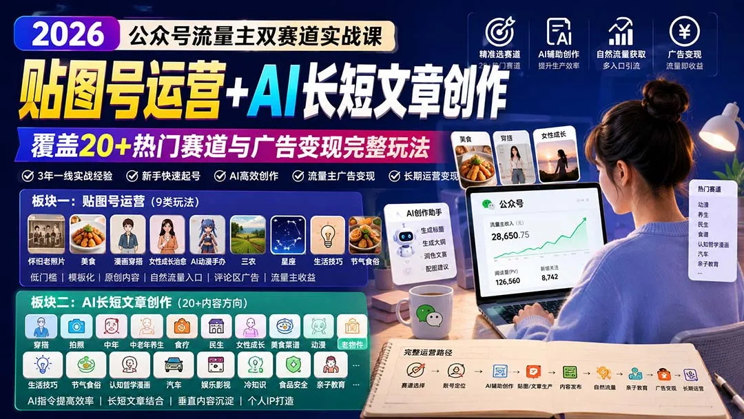 公众号流量主双赛道实战课：贴图号运营+AI长短文章创作，覆盖20+热门赛道与广告变现完整玩法-副业吧