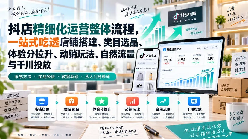 李哥电商-抖店精细化运营整体流程，一站式吃透店铺搭建、类目选品、体验分拉升、动销玩法、自然流量与千川投放-副业吧