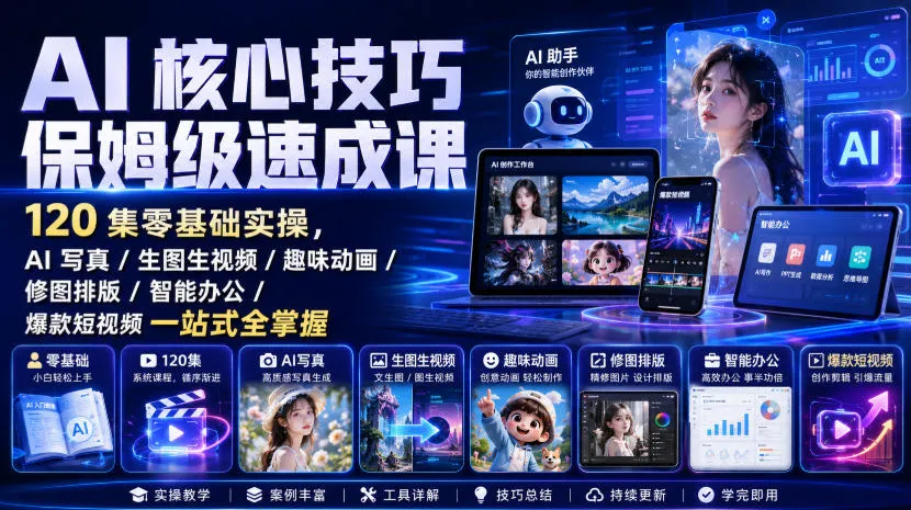 AI核心技巧保姆级速成课|120集零基础实操,AI写真/生图生视频/趣味动画/修图排版/智能办公/爆款短视频一站式全掌握-副业吧