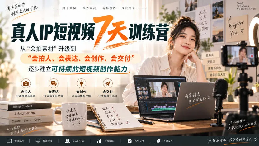 真人IP短视频7天训练营,从“会拍素材”升级到“会拍人、会表达、会创作、会交付”,逐步建立可持续的短视频创作能力-副业吧