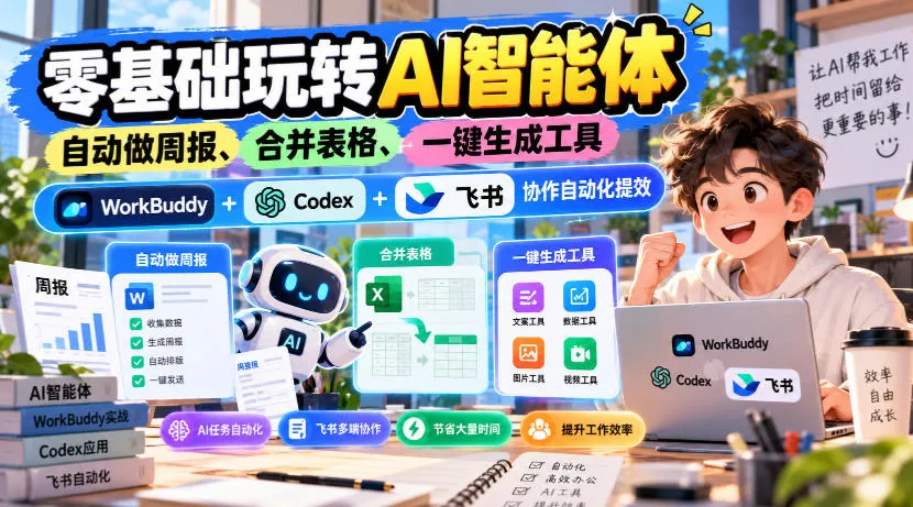 【无水印】零基础玩转AI智能体，自动做周报、合并表格、一键生成工具，WorkBuddy+Codex + 飞书协作自动化提效-副业吧