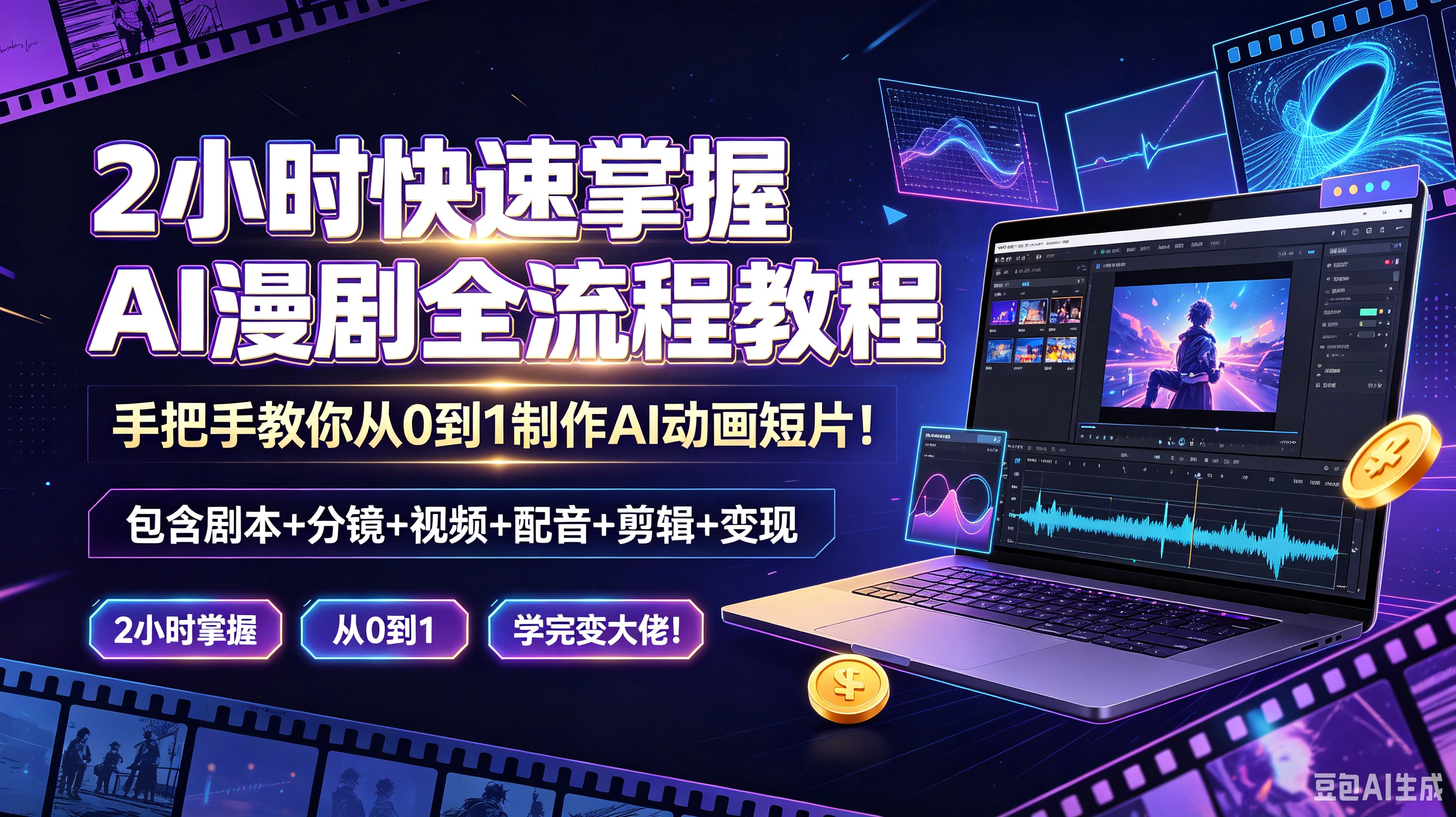 【精】2小时快速掌握AI漫剧全流程教程,手把手教你从0到1制作A动画短片!包含剧本+分镜+视频+配音+剪辑+变现,2小时掌握、从0到1、学完变大佬!-副业吧