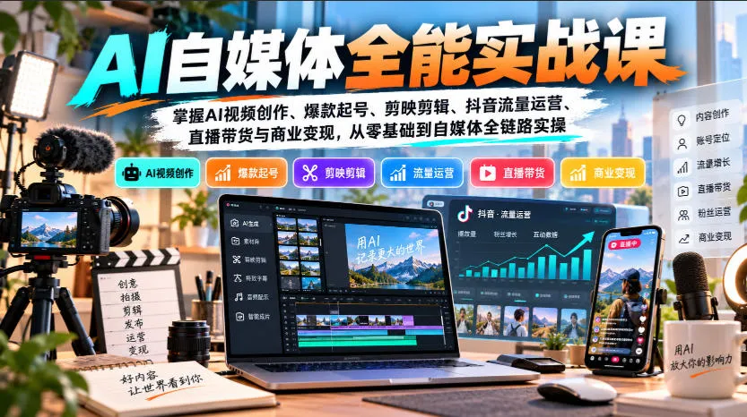 【无水印】AI自媒体全能实战课，掌握AI视频创作、爆款起号、剪映剪辑、抖音流量运营、直播带货与商业变现，从零基础到自媒体全链路实操-副业吧