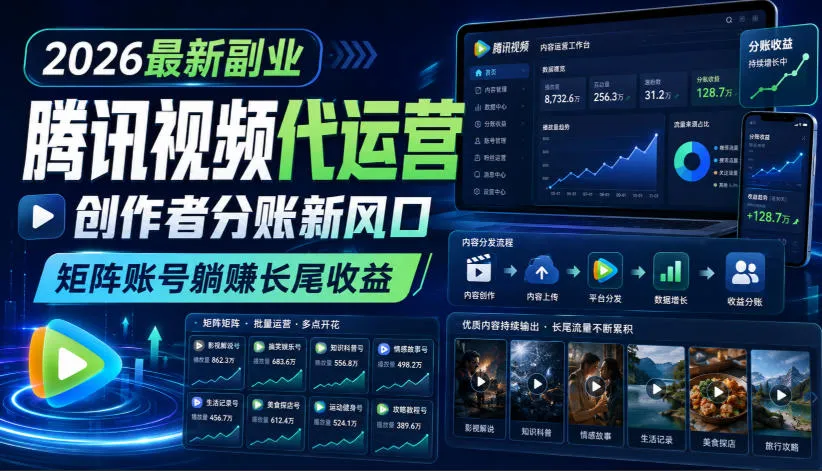 2026最新副业之腾讯视频代运营:创作者分账新风口,矩阵账号躺賺长尾收益【揭秘】-副业吧