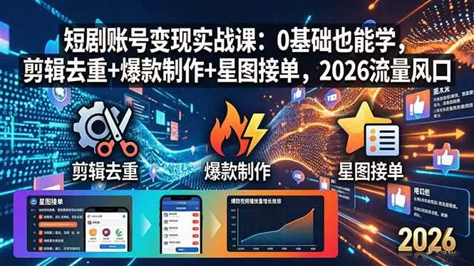 （18160期）短剧账号变现实战课：0基础也能学，剪辑去重+爆款制作+星图接单，2026流量风口-副业吧