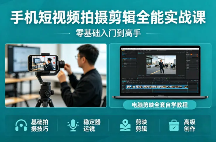 手机短视频拍摄剪辑全能实战课：零基础入门到高手，稳定器运镜+电脑剪映全套自学教程-副业吧