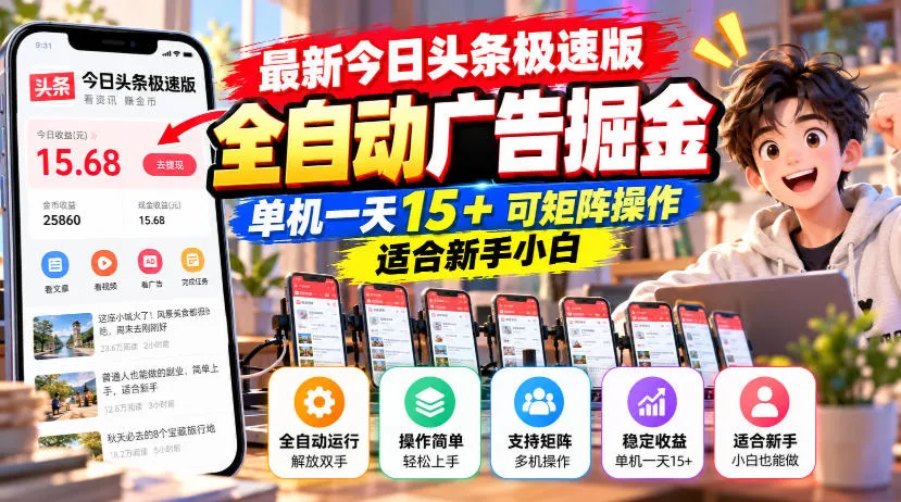 最新今日头条极速版全自动广告掘金,单机一天15+可矩阵操作适合新手小白-副业吧
