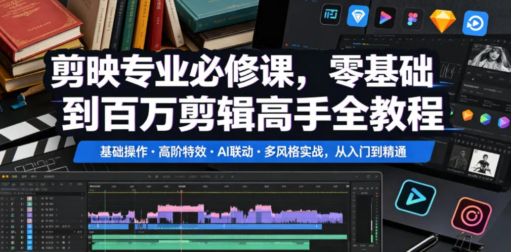 剪映专业必修课,零基础到百万剪辑高手全教程,基础操作・高阶特效・AI联动・多风格实战,从入门到精通-副业吧