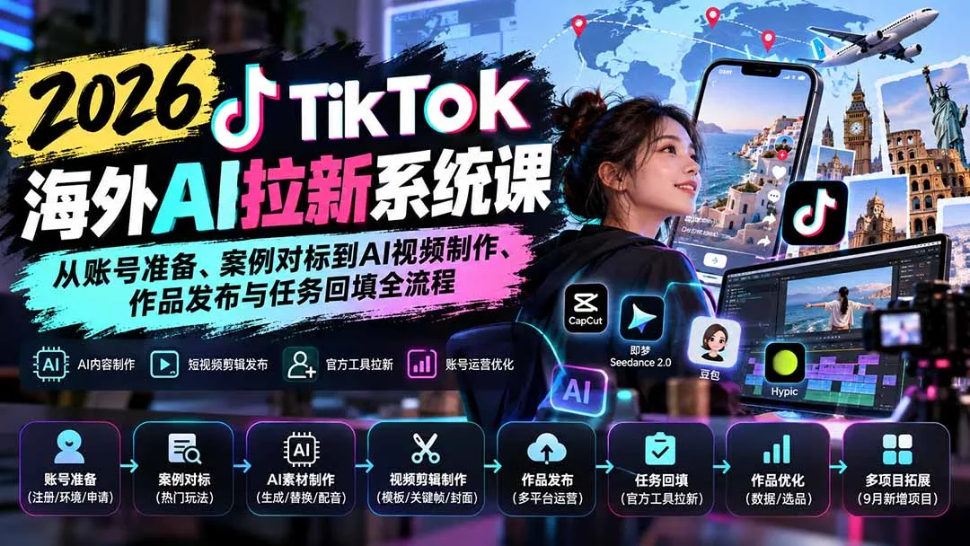 【无水印】2026 TikTok海外AI拉新系统课：从账号准备、案例对标到AI视频制作、作品发布与任务回填全流程-副业吧