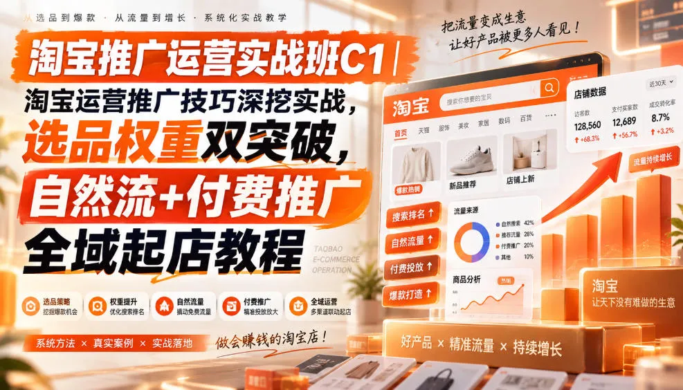 淘宝推广运营实战班C1|淘宝运营推广技巧深挖实战,选品权重双突破,自然流+付费推广全域起店教程-副业吧