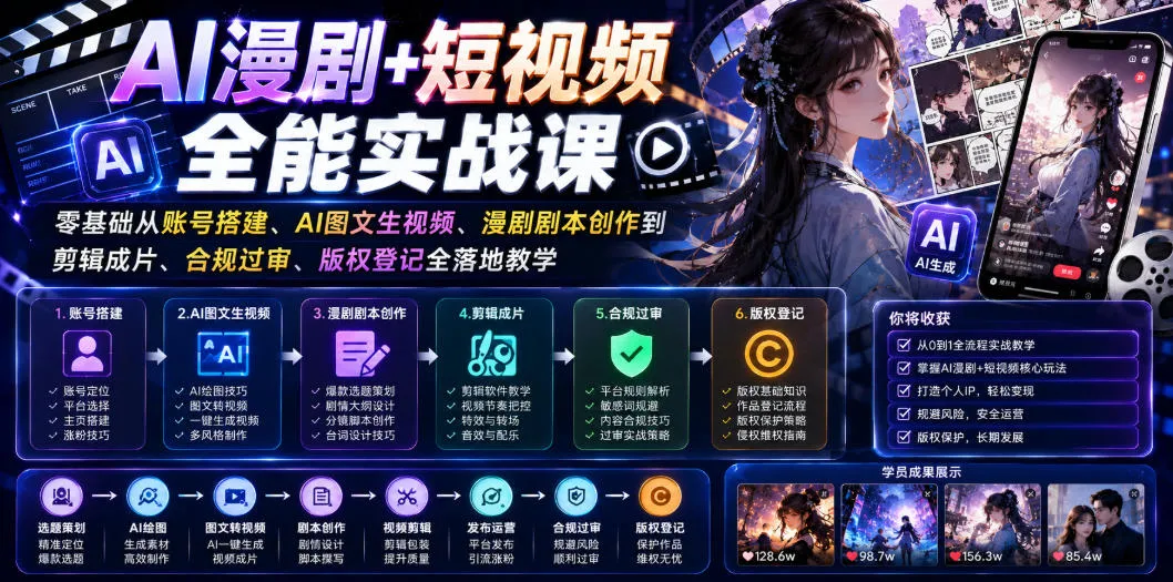 AI漫剧+短视频全能实战课｜零基础从账号搭建、AI图文生视频、漫剧剧本创作到剪辑成片、合规过审、版权登记全落地教学-副业吧