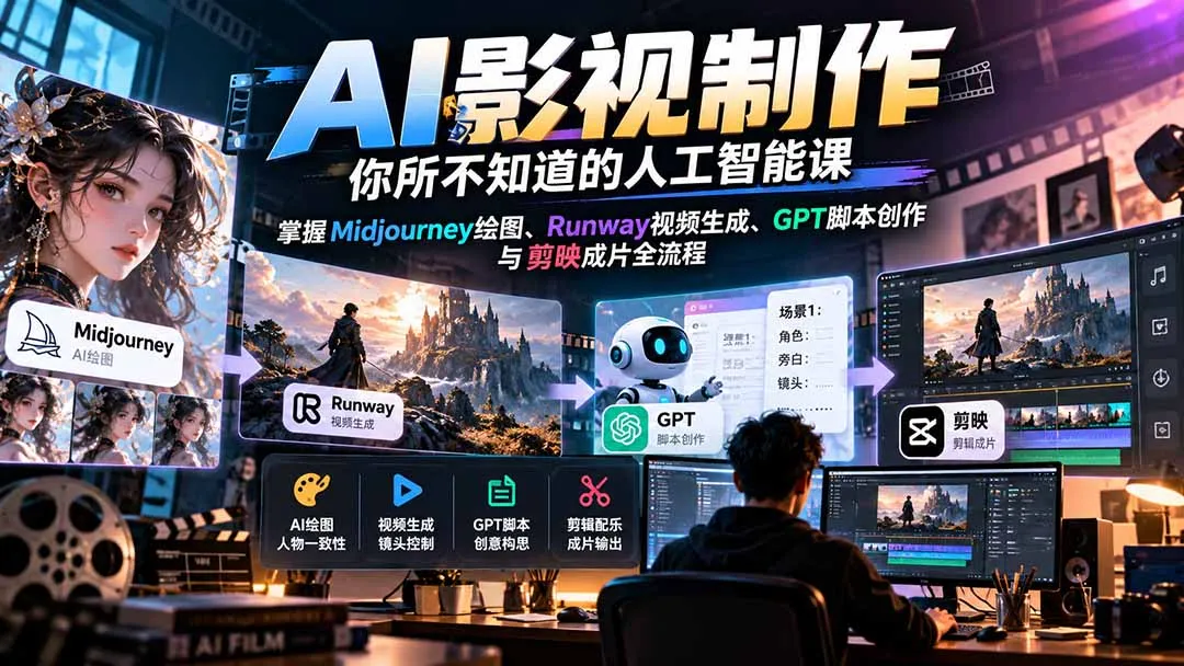 【无水印】AI影视制作-你所不知道的人工智能课,掌握Midjourney绘图、Runway视频生成、GPT脚本创作与剪映成片全流程-副业吧