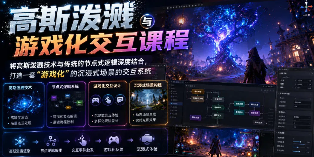 高斯泼溅与游戏化交互课程，将高斯泼溅技术与传统的节点式逻辑深度结合，打造一套“游戏化”的沉浸式场景的交互系统-副业吧