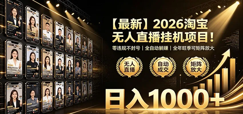最新2026淘宝无人直播挂机项目!零违规不封号,全自动躺赚,日入1000+-副业吧