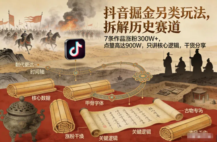 抖音掘金另类玩法，拆解历史赛道，7条作品涨粉300W+，点赞量高达900W，只讲核心逻辑，干货分享-副业吧