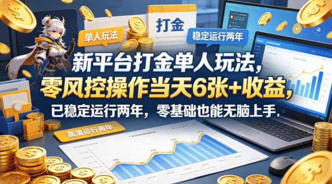 新平台打金单人玩法，零风控操作当天6张+收益，已稳定运行两年，零基础也能无脑上手【揭秘】-副业吧