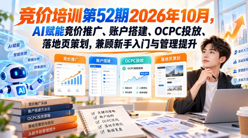 【无水印】竞价培训第52期2026年10月,AI赋能竞价推广、账户搭建、OCPC投放、落地页策划,兼顾新手入门与管理提升-副业吧