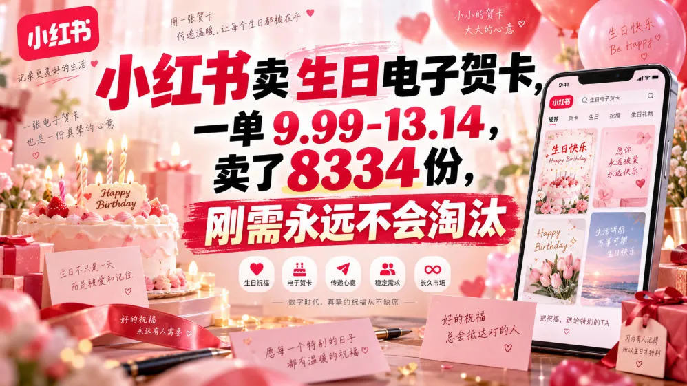 小红书卖生日电子贺卡，一单9.99-13.14，卖了8334份，刚需永远不会淘汰-副业吧