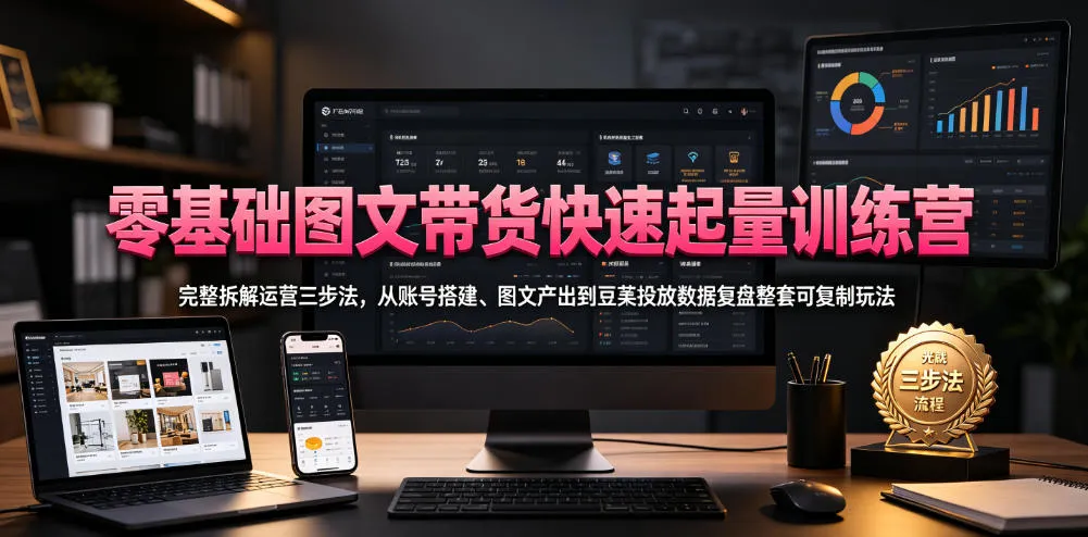 零基础图文带货快速起量训练营,完整拆解运营三步法,从账号搭建、图文产出到豆荚投放数据复盘整套可复制玩法-副业吧