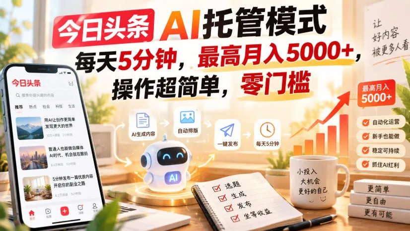 今日头条AI托管模式,每天5分钟,最高月入5000+,操作超简单,零门槛【揭秘】-副业吧