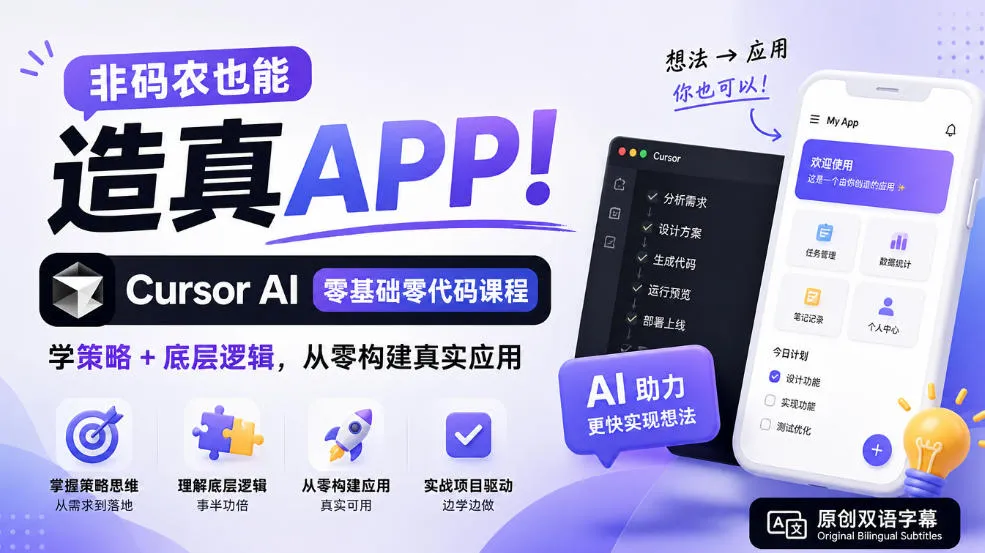 非码农也能造真APP!Cursor AI零基础零代码课程:学策略+底层逻辑,从零构建真实应用【原创双语字幕】-副业吧
