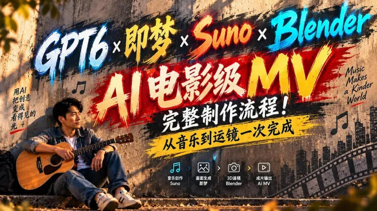 GPT6×即梦×Suno×Blender|AI电影级MV完整制作流程!从音乐到运镜一次完成!-副业吧